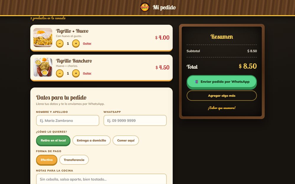 Carrito de pedidos con resumen, forma de entrega y pago